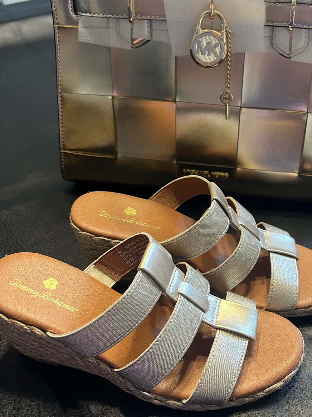Tommy Bahama Iridescent Silver Wedge Slide Sandals